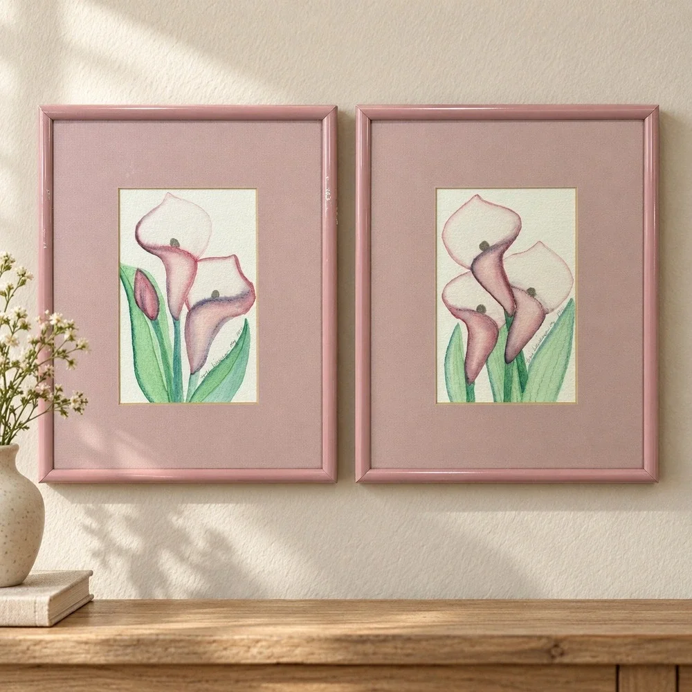 Vintage Toni Biewenga Ory Calla Lily Art Pair Signed 1990 Pink Floral Wall Decor
